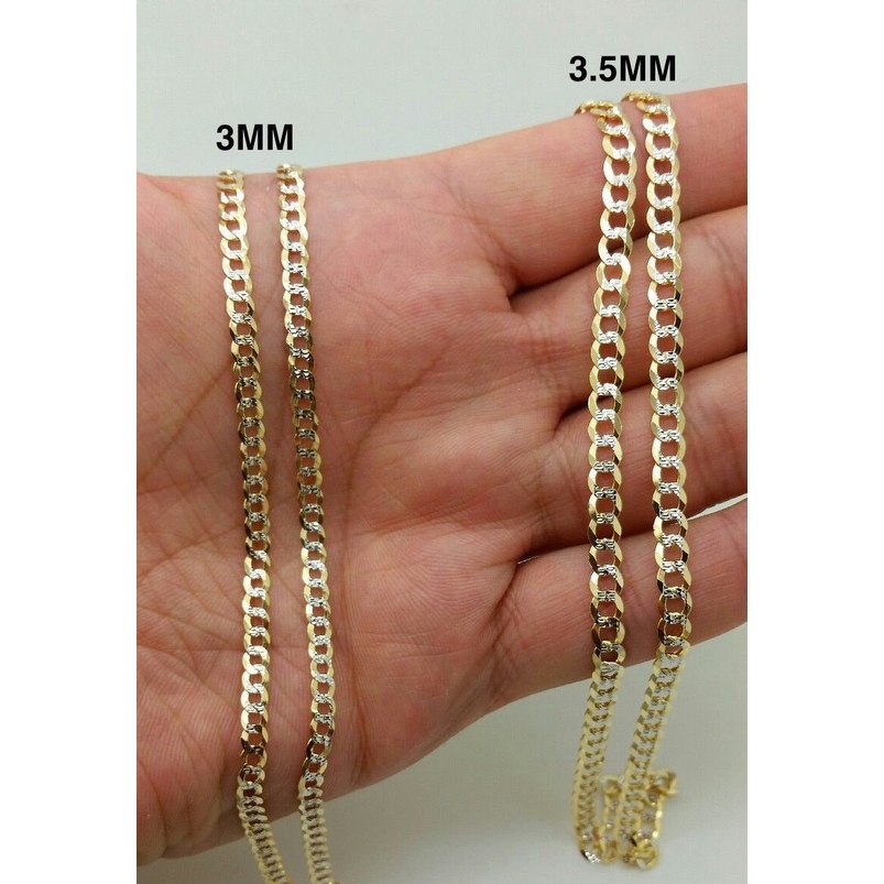 14K Yellow Gold 3MM Solid Cuban Curb Link Diamond-Cut Pave Necklace Chains,  Gold Chain for Men & Women, 100% Real 14K Gold